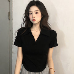 Solid-color Simple Lapel-neck Short-sleeve Top For Women