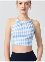 Womens Polka-Dot Plaid Printed Halterneck Tank Top With Cross-Over Design