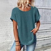 Womens Simple Versatile Lace-Patchwork Crew-Neck Short-Sleeve Top