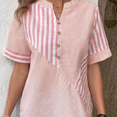 Womens Plus-Size Asymmetrical Striped Patchwork Cotton-Linen Top