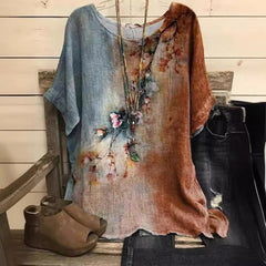 Womens Casual Loose-Fit Fashionable Short-Sleeve Printed Crew-Neck Top