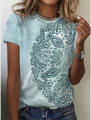 Geometric Retro Printed Round Neck Short Sleeve T-shirt Women's Top