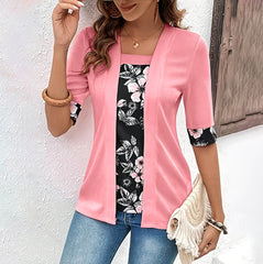 Womens Faux Two-piece Short-sleeve Printed Top