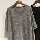 Loose Solid-Color V-Neck Mid-Length Short-Sleeve Top For Women