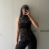 Womens Sleeveless Solid-Color Jacquard Sheer Ribbon Tank Top