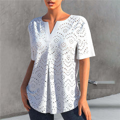 Women's Embroidered Hollow Out V-neck Short-sleeved T-shirt Top