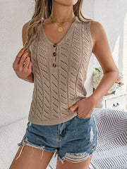 Women S Solid Color Button V-Neck Hollow Out Sleeveless Knit Vacation Top