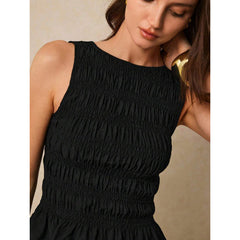 Womens Solid-Color Pleated Crew-Neck Casual Tank Top