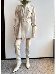 Retro White Shirt Leather Coat Women's Mid-length Cinched Blouse