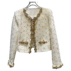 Golden Bright Piece Flower Beaded Edge Tweed Light Luxury Short Coat Top
