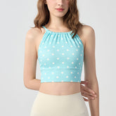 Womens Polka-Dot Plaid Printed Halterneck Tank Top With Cross-Over Design