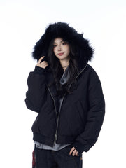 American Retro Rhombus Fur Collar Cotton Cardigan Hooded Cotton Jacket