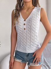 Women S Solid Color Button V-Neck Hollow Out Sleeveless Knit Vacation Top