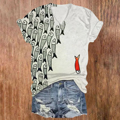 Womens Printed V-Neck Short-Sleeve Top