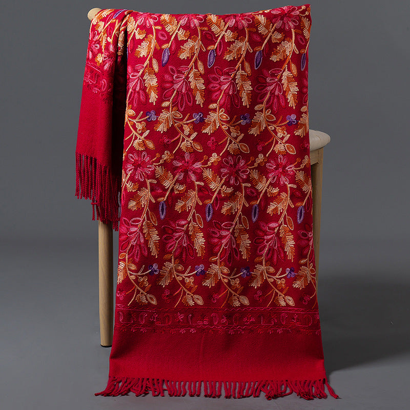 Rich Red Embroidered Winter Scarf For WomenSpringtime Blossoms All Around