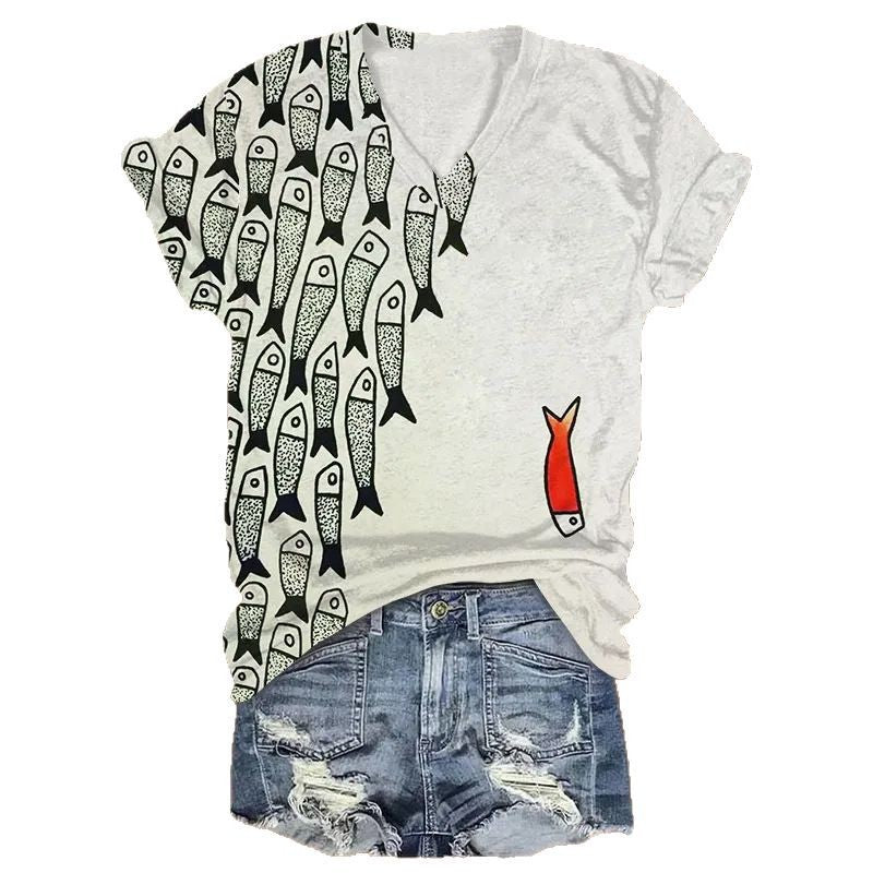 Womens Printed V-Neck Short-Sleeve Top