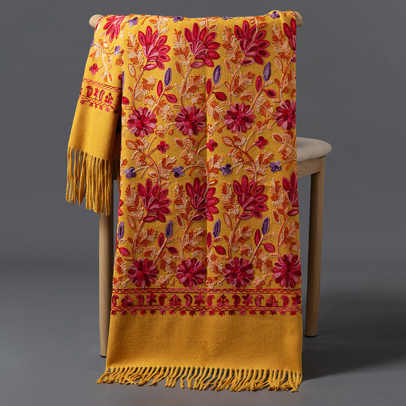 Rich Red Embroidered Winter Scarf For WomenSpringtime Blossoms All Around