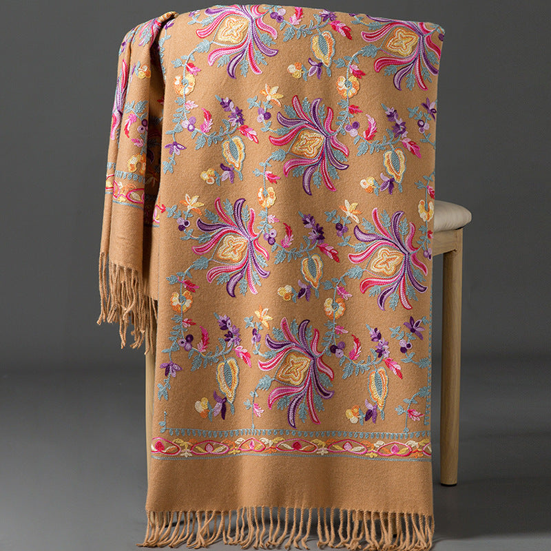 Thickened Tibetan-Nepalese Embroidered Cashmere-Style Scarf For Winter