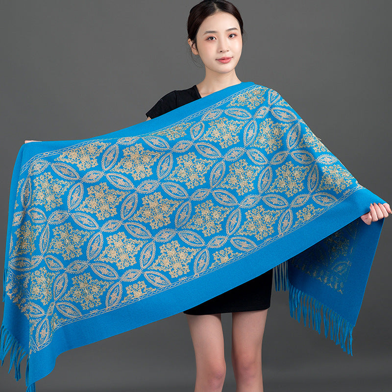 Autumn Winter Embroidered Golden Silk Lily Design In Xinjiang Cashmere