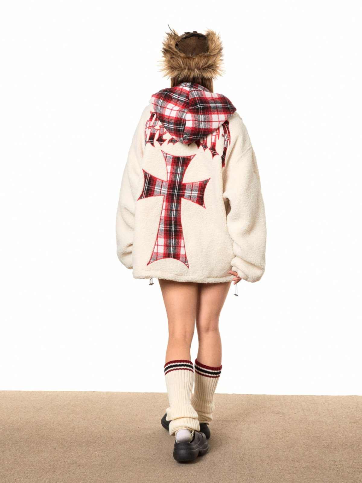 Retro Contrast Color Hooded Cold-proof Coat