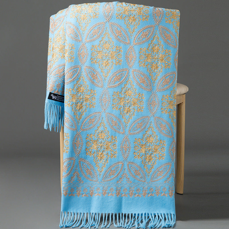 Autumn Winter Embroidered Golden Silk Lily Design In Xinjiang Cashmere