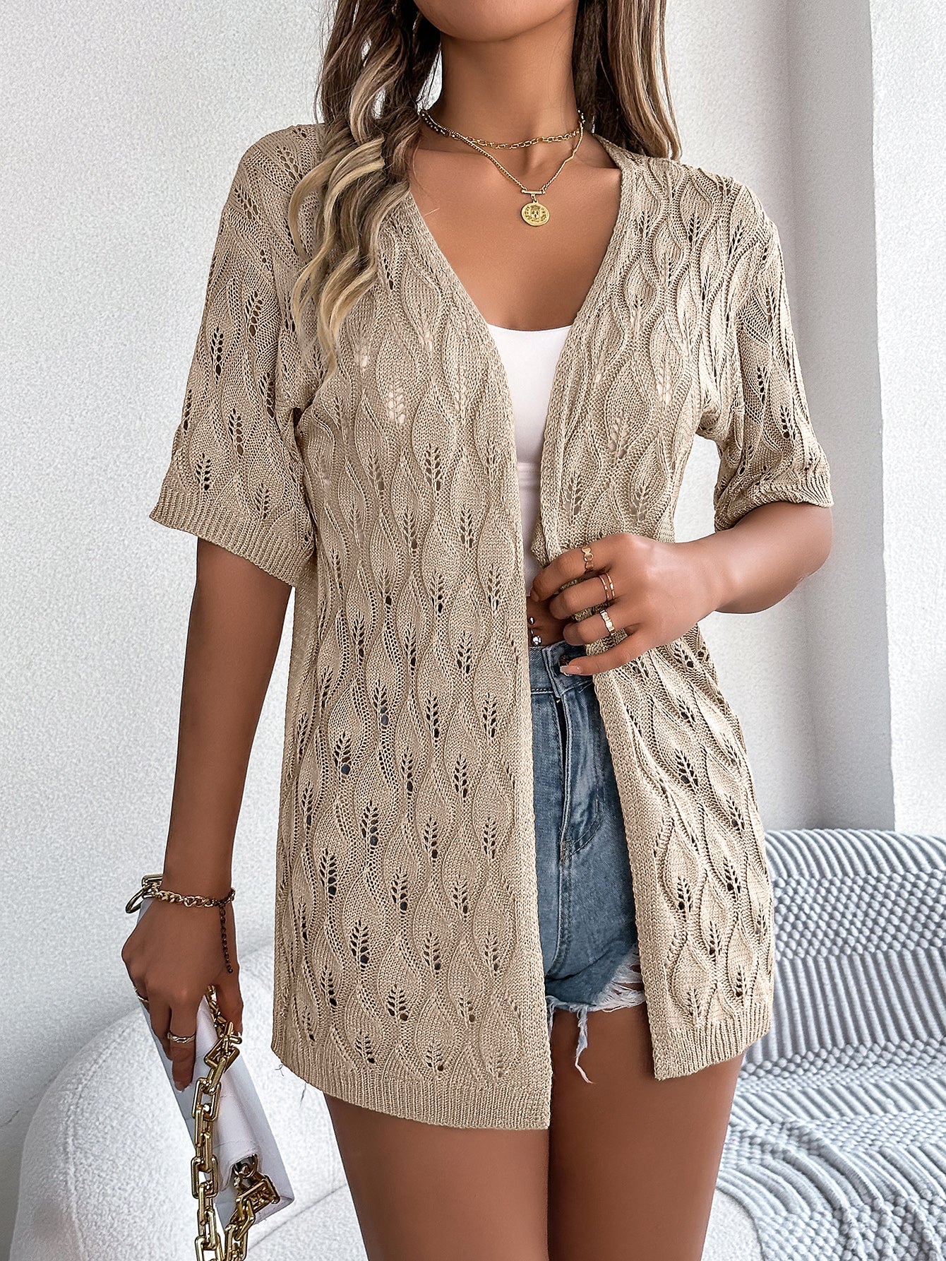 Women S Leaf Hollow Out Short Sleeve Knit Cardigan Vacation Cover-Up