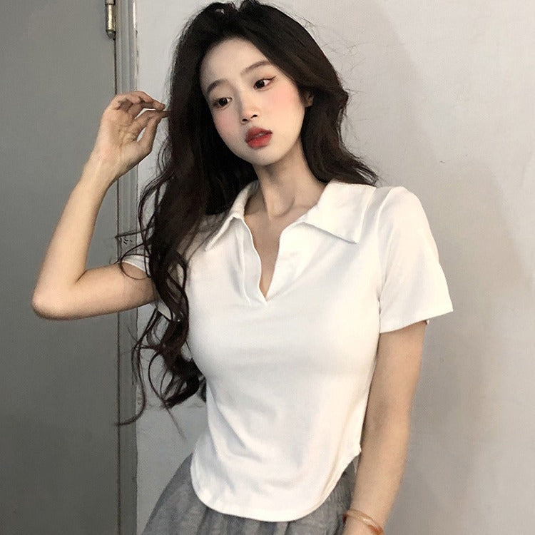 Solid-color Simple Lapel-neck Short-sleeve Top For Women