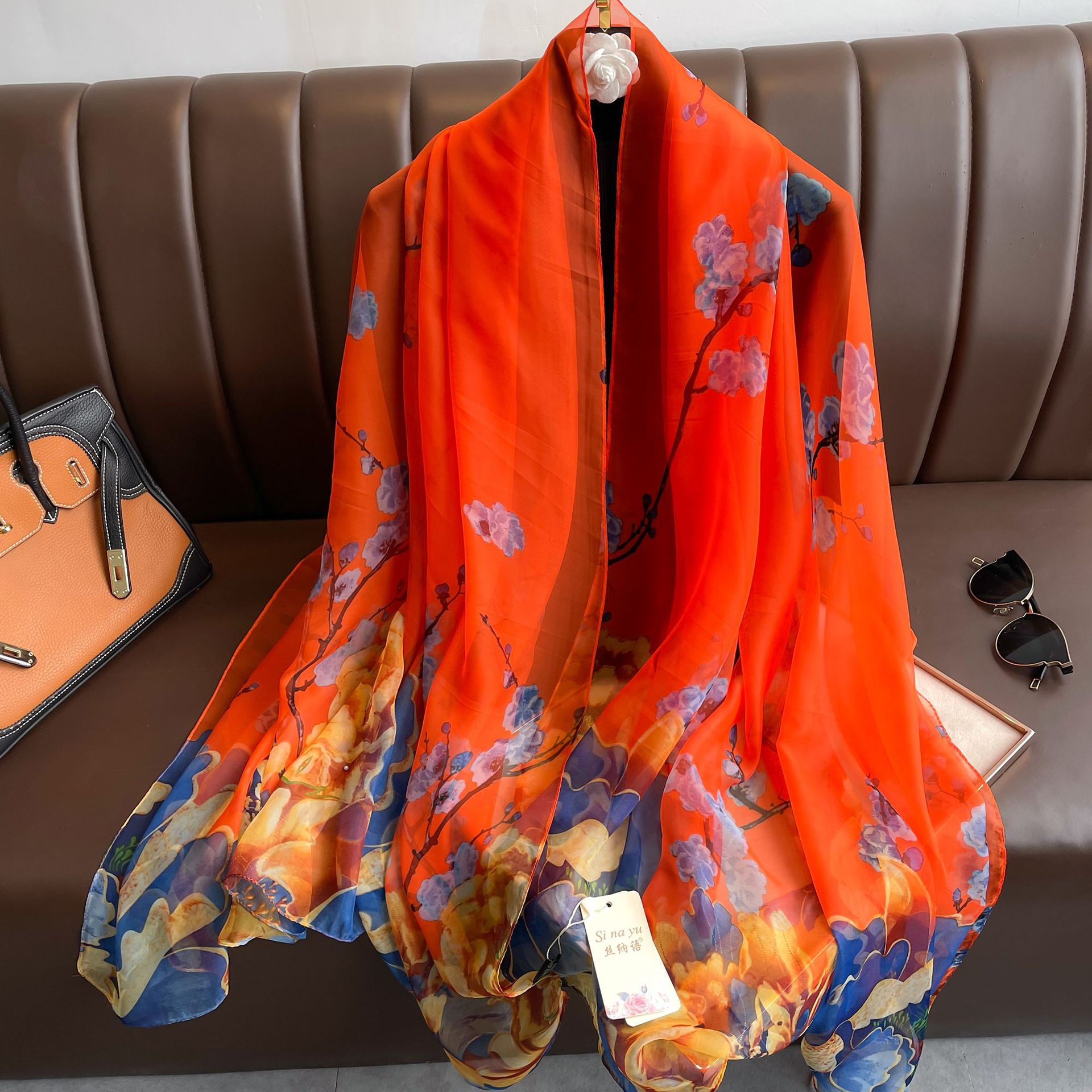Youshou Silk Scarf Sun Protective Shawl Thin Long Style With Print