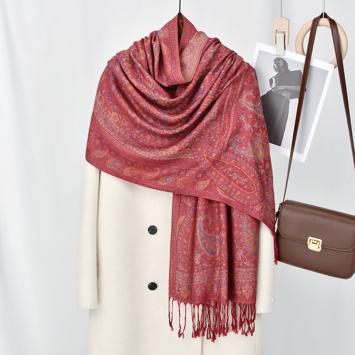Cashew Printed Thick Jacquard Tassel Shawl For Women