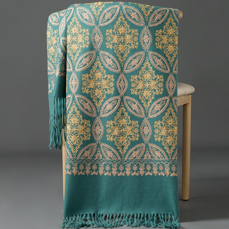 Autumn Winter Embroidered Golden Silk Lily Design In Xinjiang Cashmere
