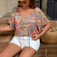 Womens Relaxed-fit V-neck Mid-sleeve Printed Top