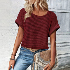 Womens Simple Versatile Lace-Patchwork Crew-Neck Short-Sleeve Top