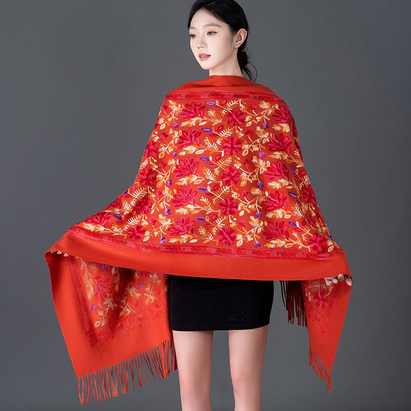 Rich Red Embroidered Winter Scarf For WomenSpringtime Blossoms All Around