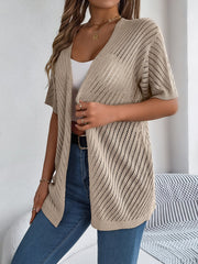 Women S Vertical Stripe Hollow Out Short Sleeve Knit Cardigan Cover-Up