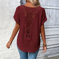 Womens Simple Versatile Lace-Patchwork Crew-Neck Short-Sleeve Top