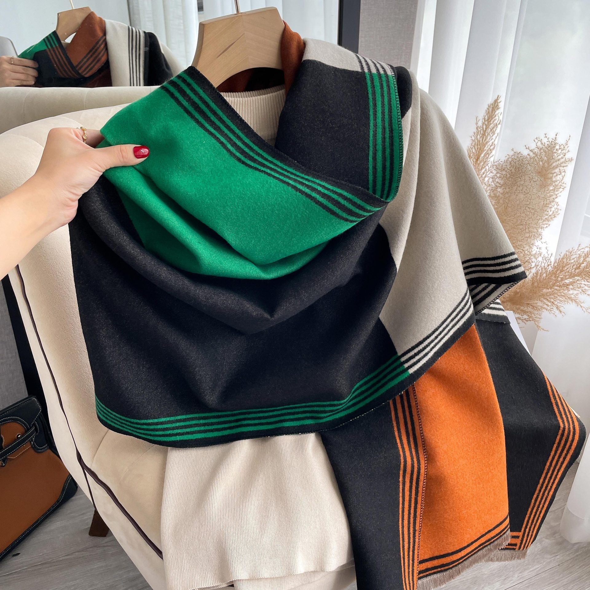 Korean-style Color-Block Fashion Faux Cashmere Scarf Womens Dual-Use Air-Conditioning Shawl