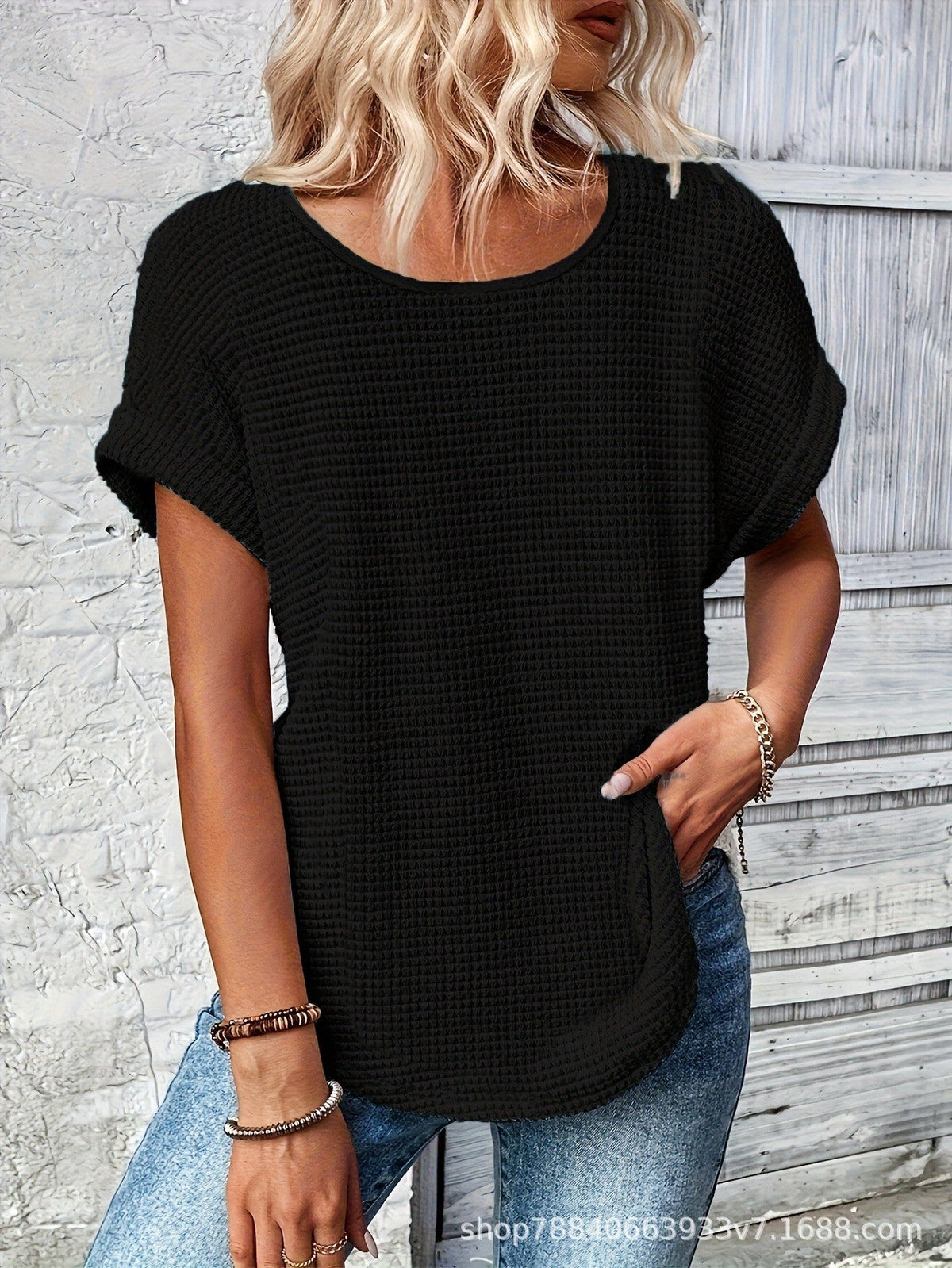 Womens Simple Versatile Lace-Patchwork Crew-Neck Short-Sleeve Top