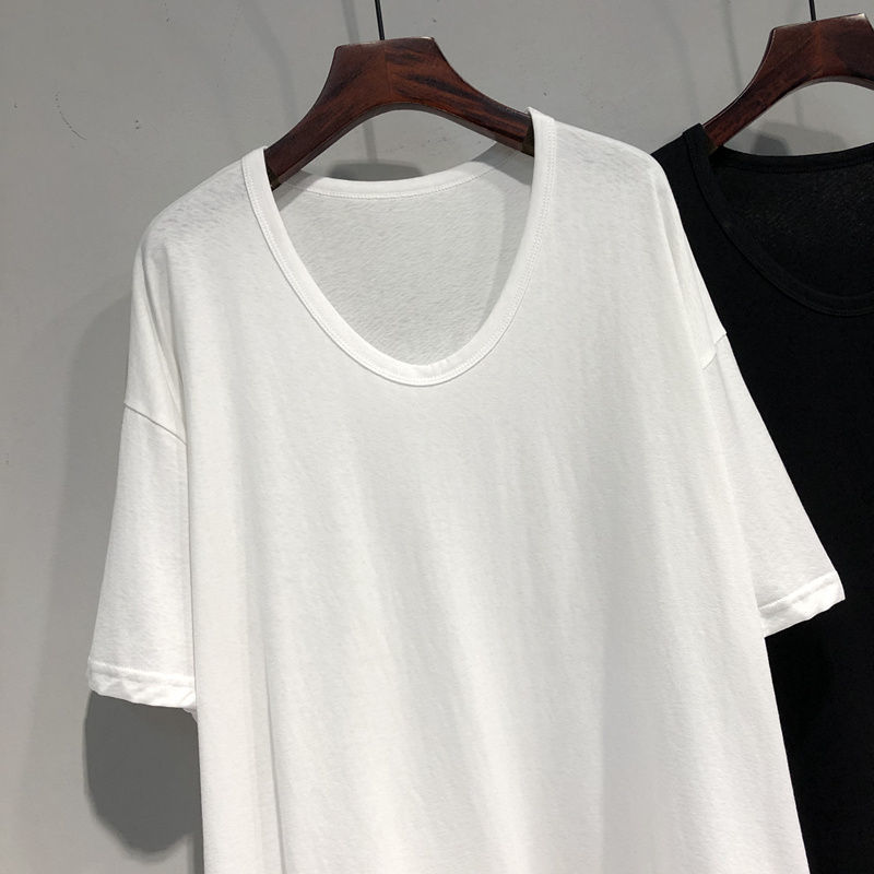 Loose Solid-Color V-Neck Mid-Length Short-Sleeve Top For Women