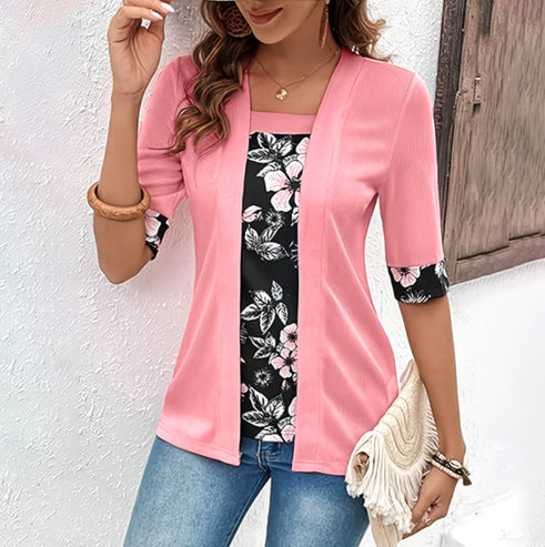 Womens Faux Two-piece Short-sleeve Printed Top