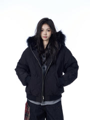 American Retro Rhombus Fur Collar Cotton Cardigan Hooded Cotton Jacket