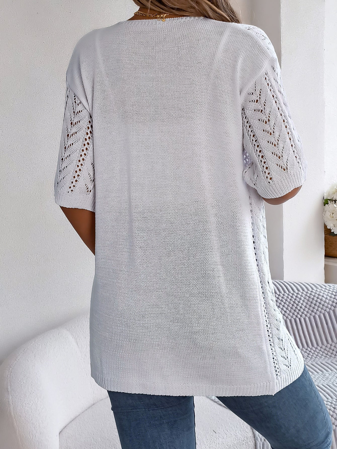 Women S Solid Color Hollow Out Short Sleeve Knit Cardigan Cover-Up