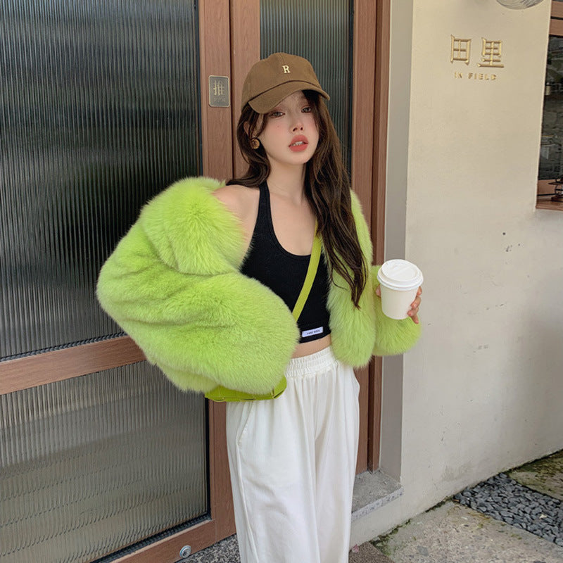 Fried Street Fluorescent Green Environmental Protection Fox Fur Jacket