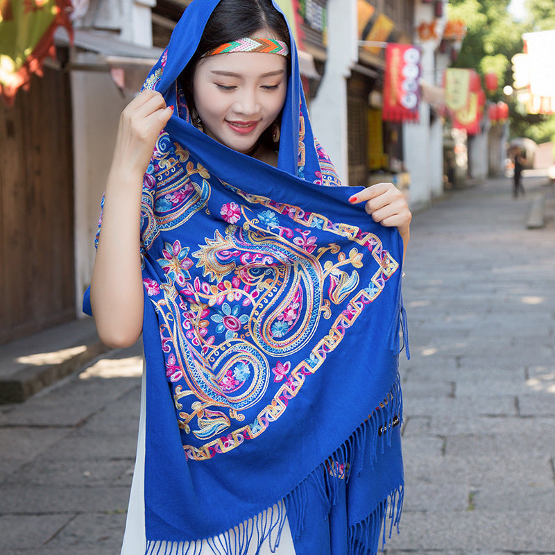 Embroidered Ethnic-Style Great Wall Cashew-Pattern Embroidery Cashmere Scarf