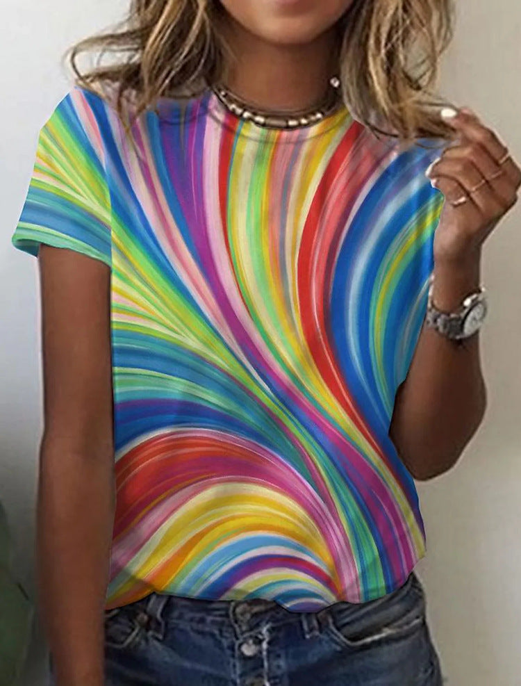 Geometric Retro Printed Round Neck Short Sleeve T-shirt Women's Top