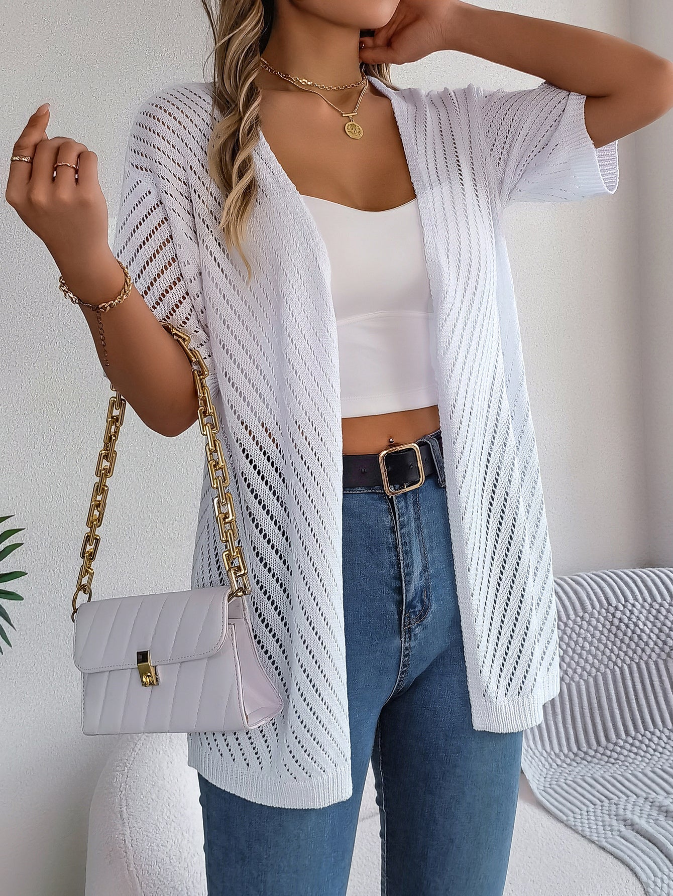 Women S Vertical Stripe Hollow Out Short Sleeve Knit Cardigan Cover-Up