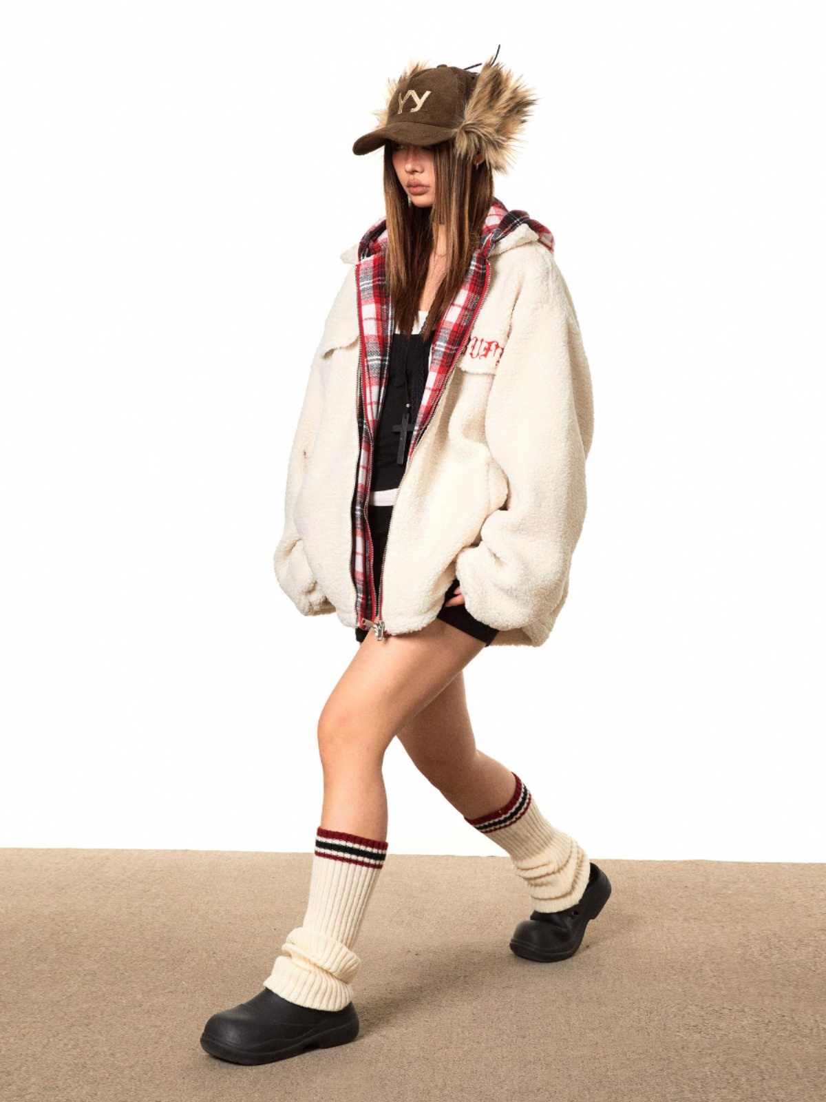 Retro Contrast Color Hooded Cold-proof Coat