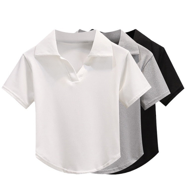 Solid-color Simple Lapel-neck Short-sleeve Top For Women