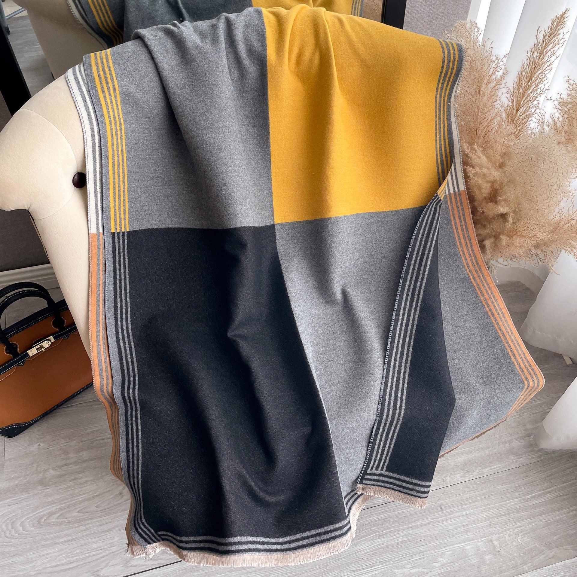 Korean-style Color-Block Fashion Faux Cashmere Scarf Womens Dual-Use Air-Conditioning Shawl