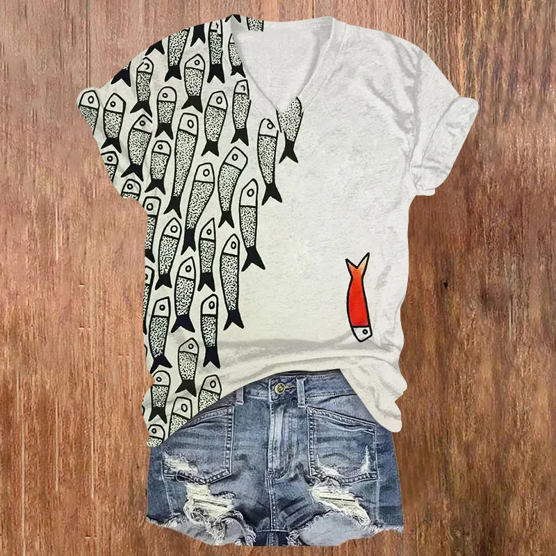 Womens Printed V-Neck Short-Sleeve Top
