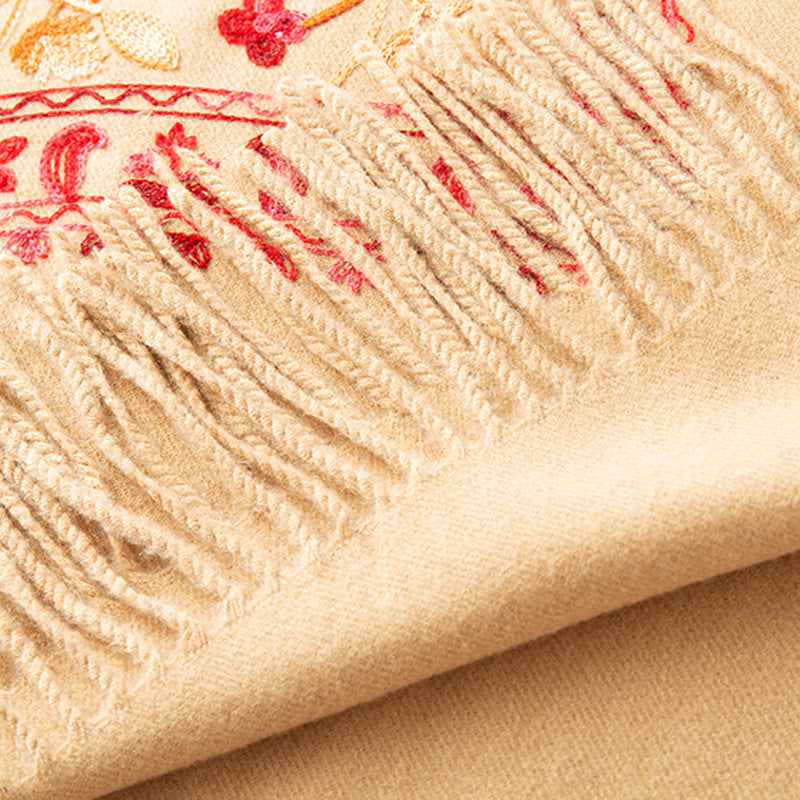Rich Red Embroidered Winter Scarf For WomenSpringtime Blossoms All Around
